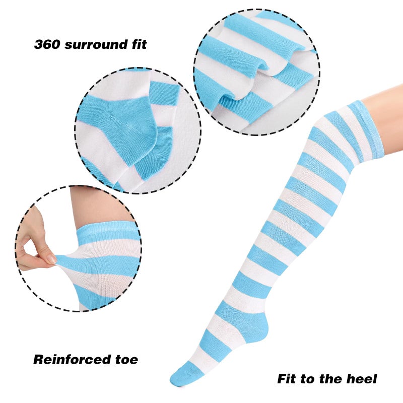 DAZCOS Striped Thigh High Socks Elastic Over The Knee Knit Stockings for Daily or Anime Cosplay (Light blue+White) - Image 2